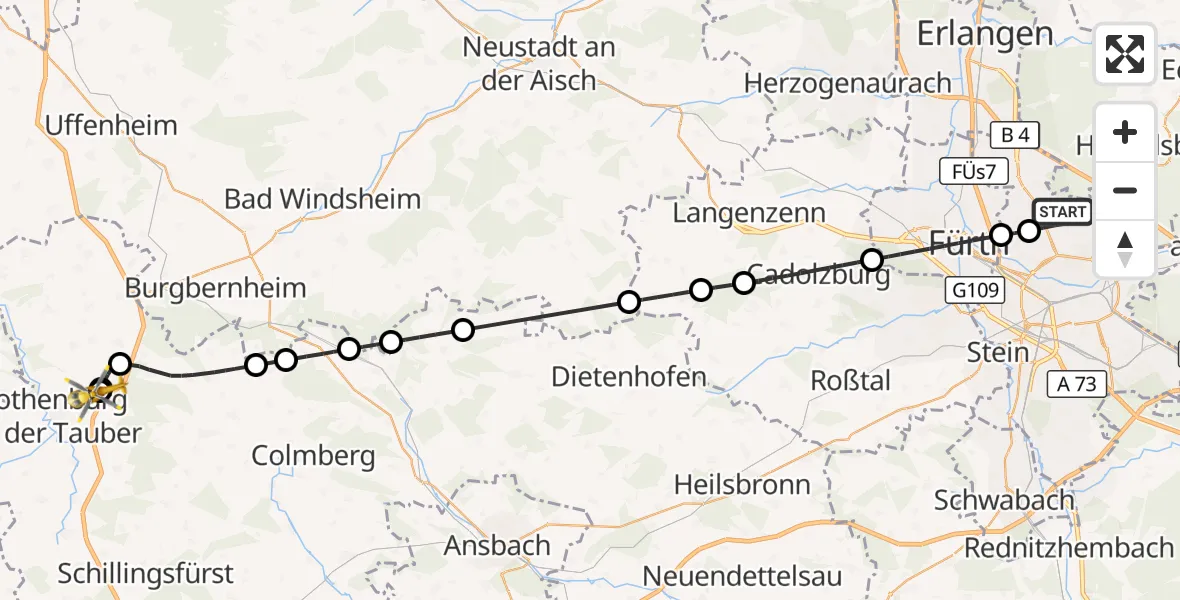 Flugroute Rettungshubschrauber Flughafen Nuremberg - Rothenburg ob der Tauber Flugplatz, 07 Oktober 2026, 10:34