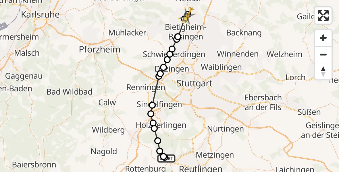 Flugroute Rettungshubschrauber Tübingen University Hospital - Besigheim, 07 Oktober 2026, 10:38