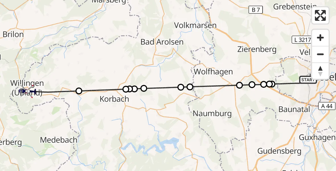 Flugroute Polizeihubschrauber Kassel - Willingen (Upland), 07 Oktober 2026, 11:09