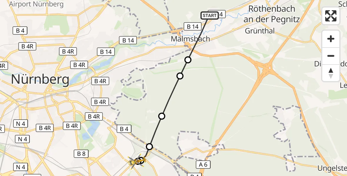 Flugroute Ambulanzhubschrauber Schwaig b.Nürnberg - Nürnberg South Hospital, 07 Oktober 2026, 11:15