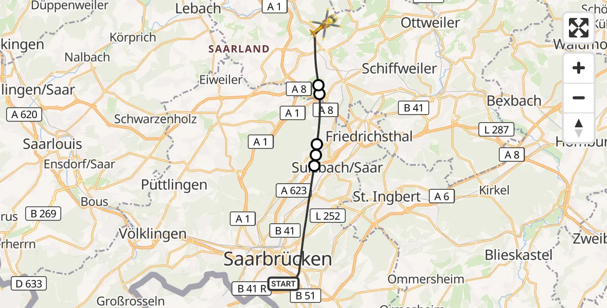 Flugroute Rettungshubschrauber Saarbrücken - Illingen, 07 Oktober 2026, 11:18