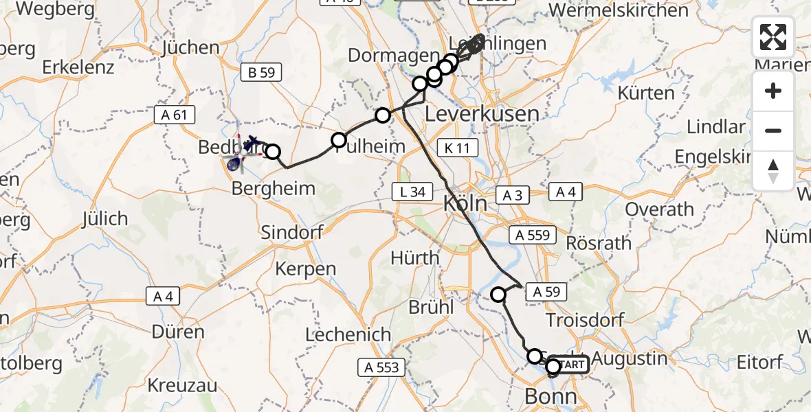 Flugroute Polizeihubschrauber Bonn - Bedburg, 07 Oktober 2026, 11:32
