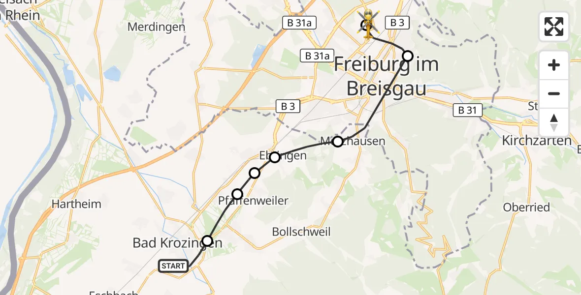 Flugroute Ambulanzhubschrauber Bad Krozingen - Freiburg im Breisgau Flugplatz, 07 Oktober 2026, 11:34