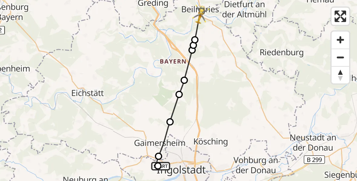 Flugroute Rettungshubschrauber Ingolstadt Hospital - Beilngries, 07 Oktober 2026, 11:35