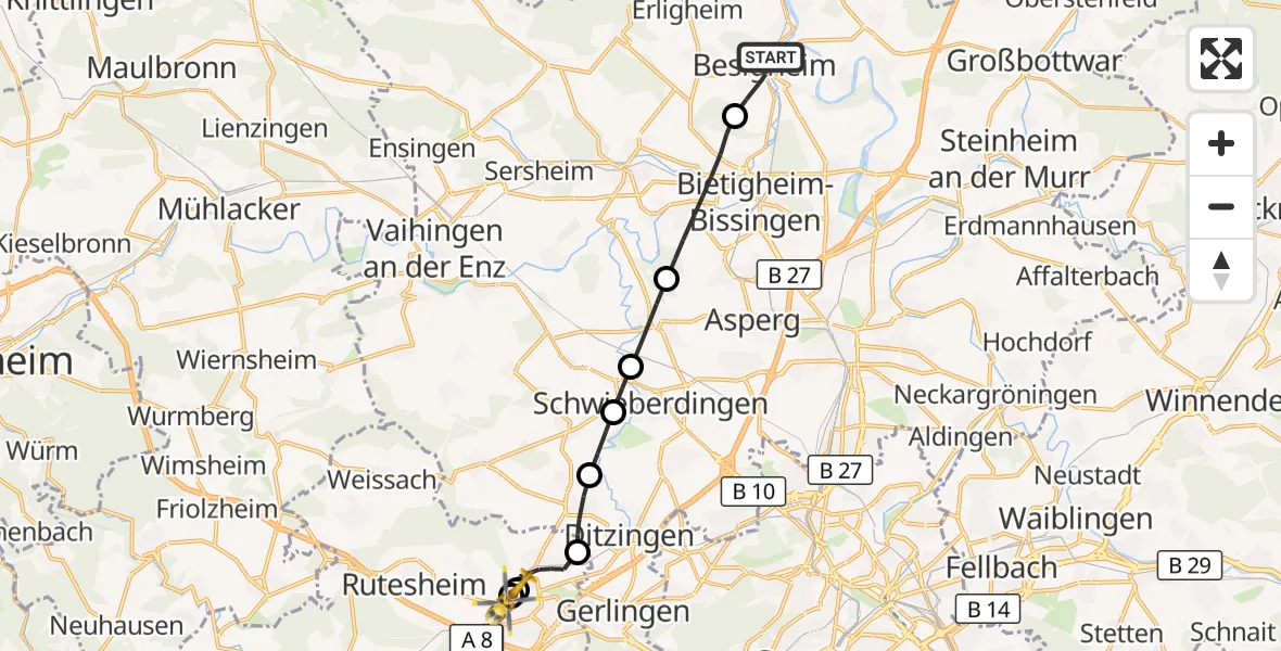 Flugroute Rettungshubschrauber Besigheim - Leonberg Hospital, 07 Oktober 2026, 11:48