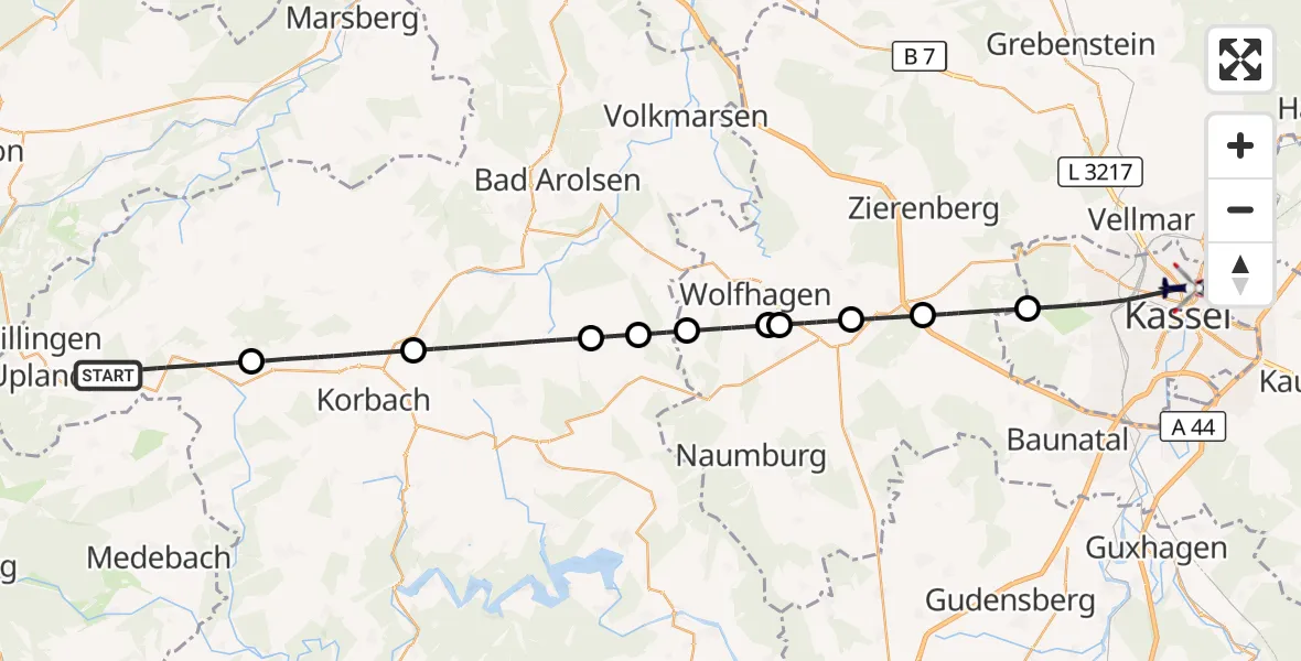 Flugroute Polizeihubschrauber Willingen (Upland) - Kassel, 07 Oktober 2026, 11:57