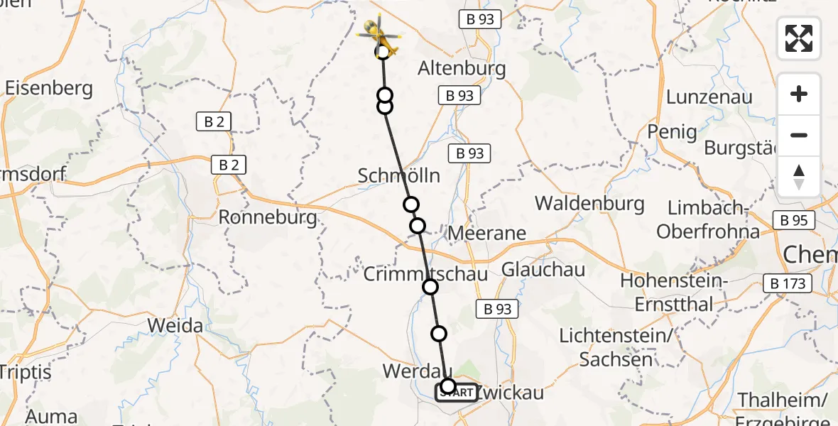 Flugroute Rettungshubschrauber ADAC Air Rescue Station Zwickau Hubschrauberlandeplatz - Kriebitzsch, 07 Oktober 2026, 11:58