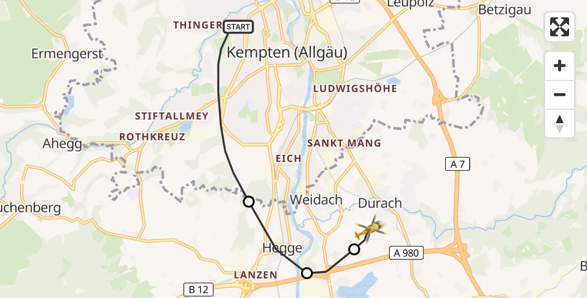 Flugroute Rettungshubschrauber Kempten (Allgäu) - Kempten-Durach Flugplatz, 07 Oktober 2026, 12:02