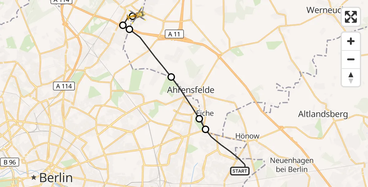 Flugroute Rettungshubschrauber Berlin - Helios Clinic Berlin-Buch, 07 Oktober 2026, 12:15