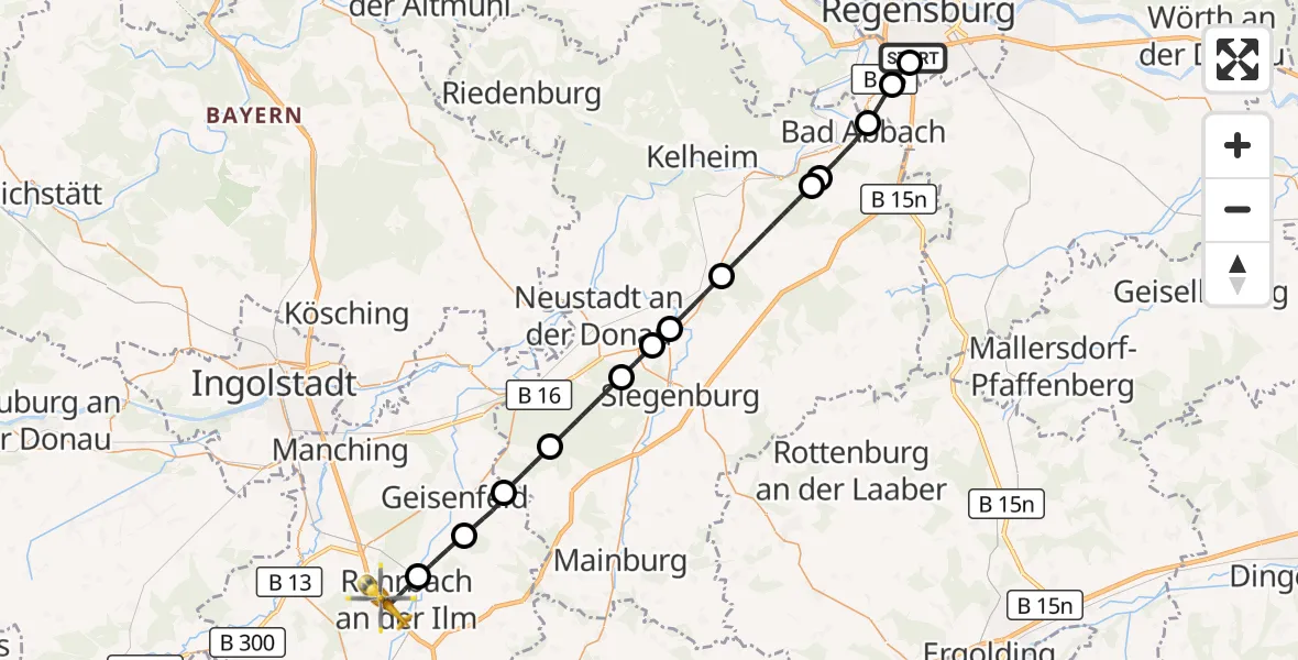 Flugroute Rettungshubschrauber DRF Air Rescue Station Regensburg / Regensburg University Hospital - Rohrbach, 07 Oktober 2026, 12:25