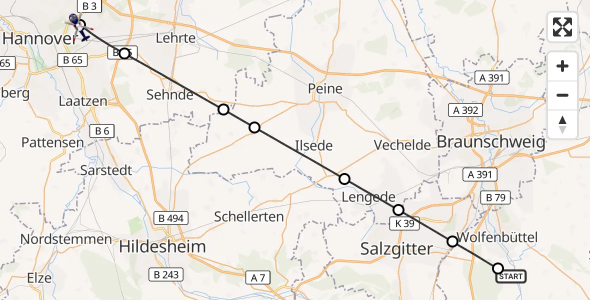 Flugroute Polizeihubschrauber Ohrum - Hannover Luftrettung Hubschrauberlandeplatz (Christoph 4), 07 Oktober 2026, 12:28