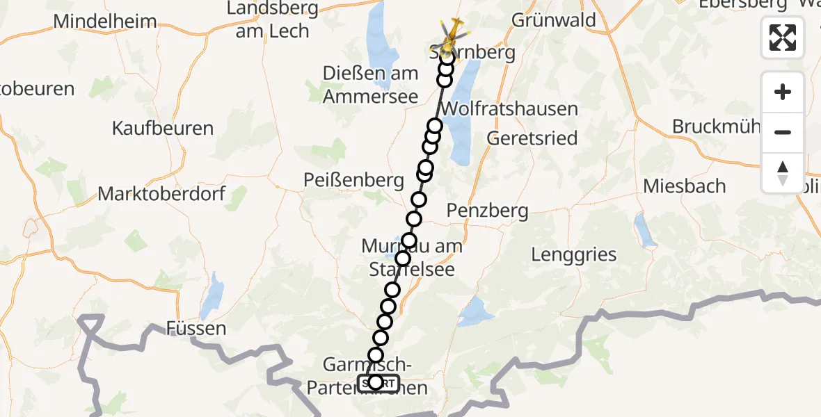 Flugroute Rettungshubschrauber Garmisch-Partenkirchen Clinic Hubschrauberlandeplatz - Starnberg, 07 Oktober 2026, 12:31