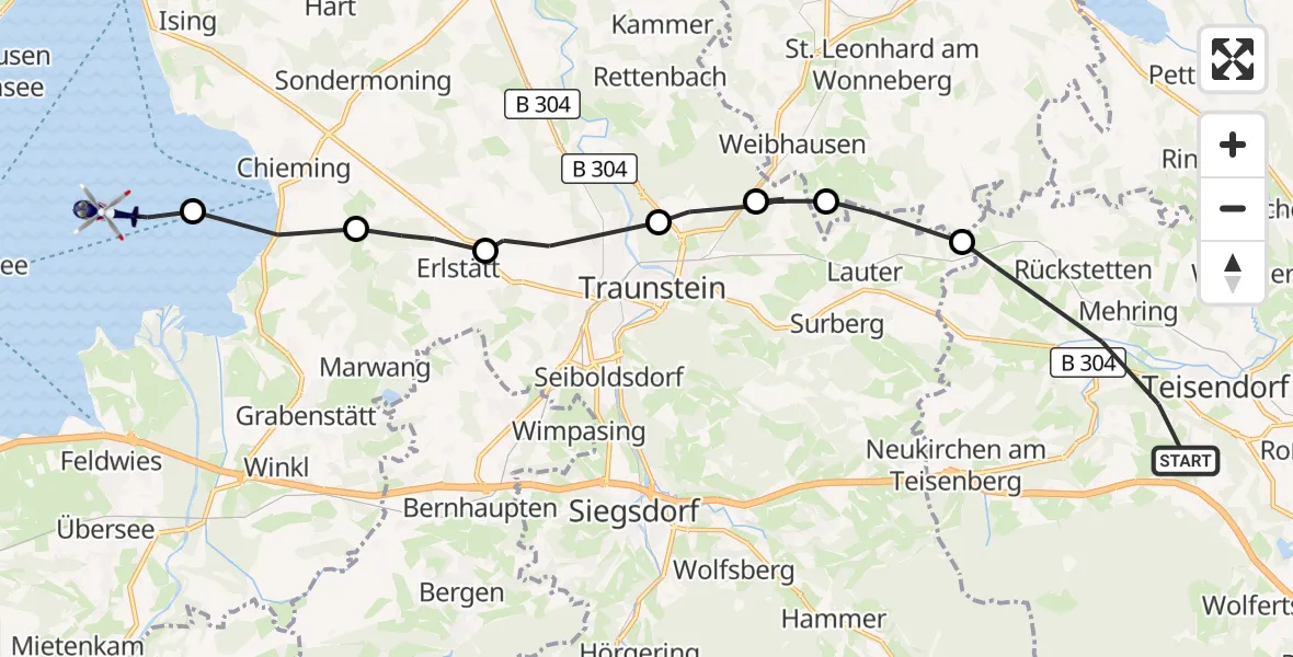 Flugroute Polizeihubschrauber Teisendorf - Chiemsee (See), 07 Oktober 2026, 12:40