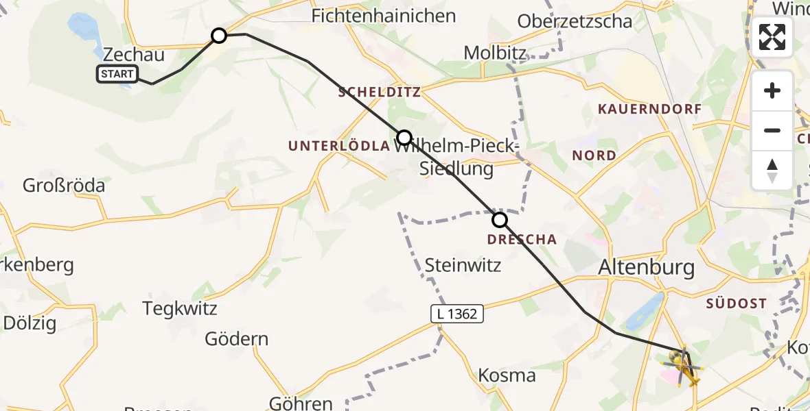 Flugroute Rettungshubschrauber Kriebitzsch - Altenburg, 07 Oktober 2026, 12:42