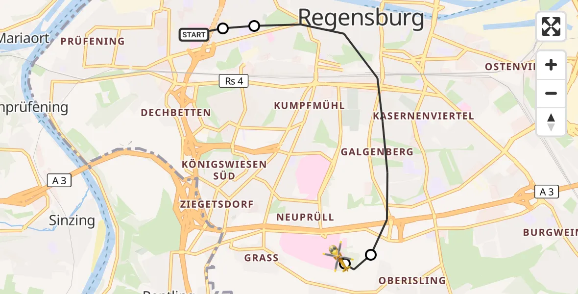 Flugroute Rettungshubschrauber Barmherzige Brüder (Brothers of Mercy) Hospital Regensburg - DRF Air Rescue Station Regensburg / Regensburg University Hospital, 07 Oktober 2026, 12:53
