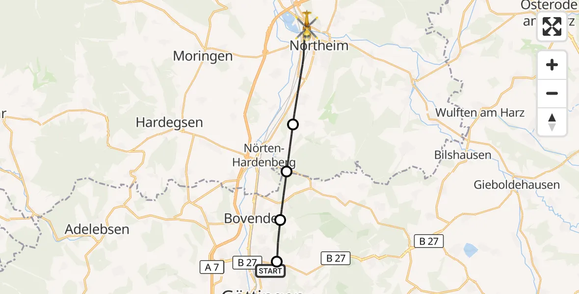 Flugroute Rettungshubschrauber Göttingen University Clinic Hubschrauberlandeplatz - Northeim, 07 Oktober 2026, 13:00