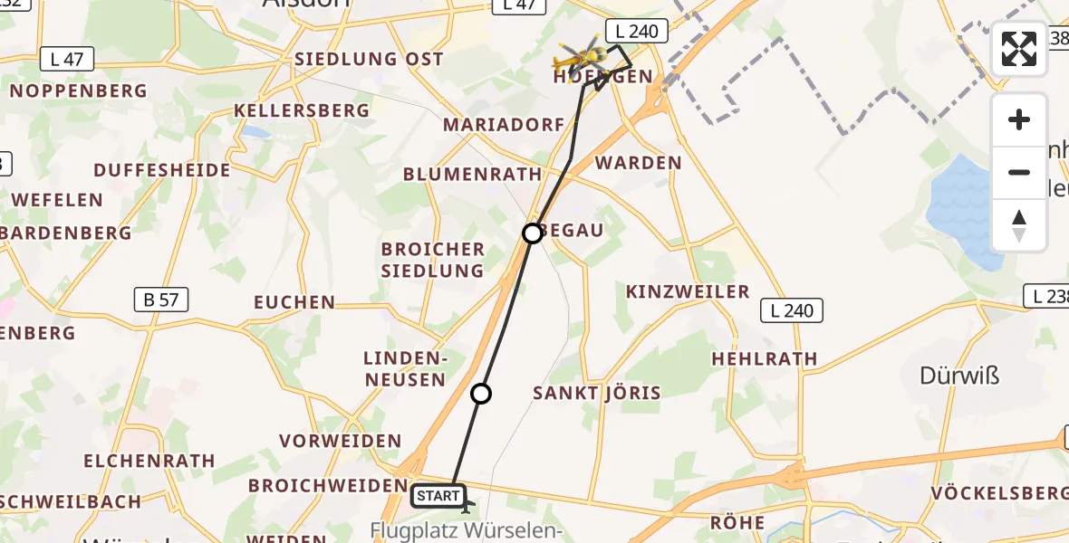 Flugroute Rettungshubschrauber Aachen-Merzbrück Flughafen - Alsdorf, 07 Oktober 2026, 13:04