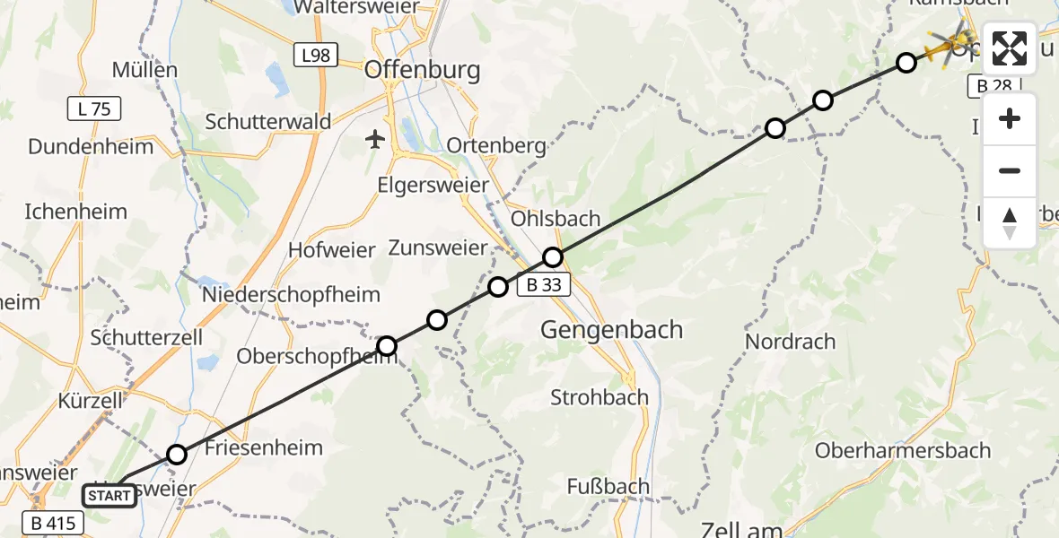 Flugroute Rettungshubschrauber Lahr Flughafen - Oppenau, 07 Oktober 2026, 13:05