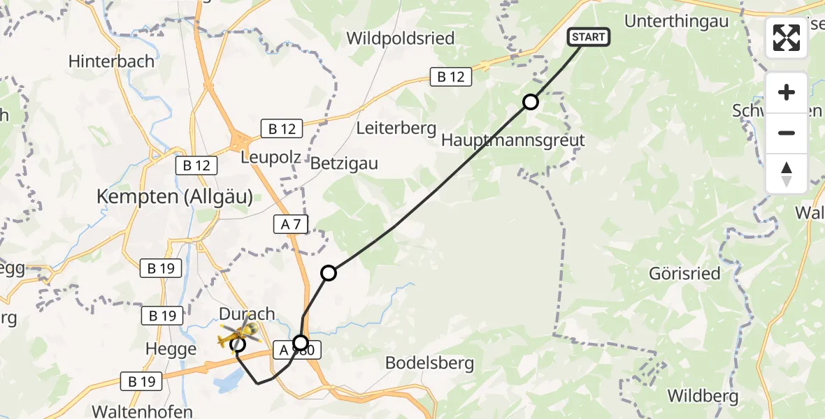 Flugroute Rettungshubschrauber Kraftisried - Kempten-Durach Flugplatz, 07 Oktober 2026, 13:16