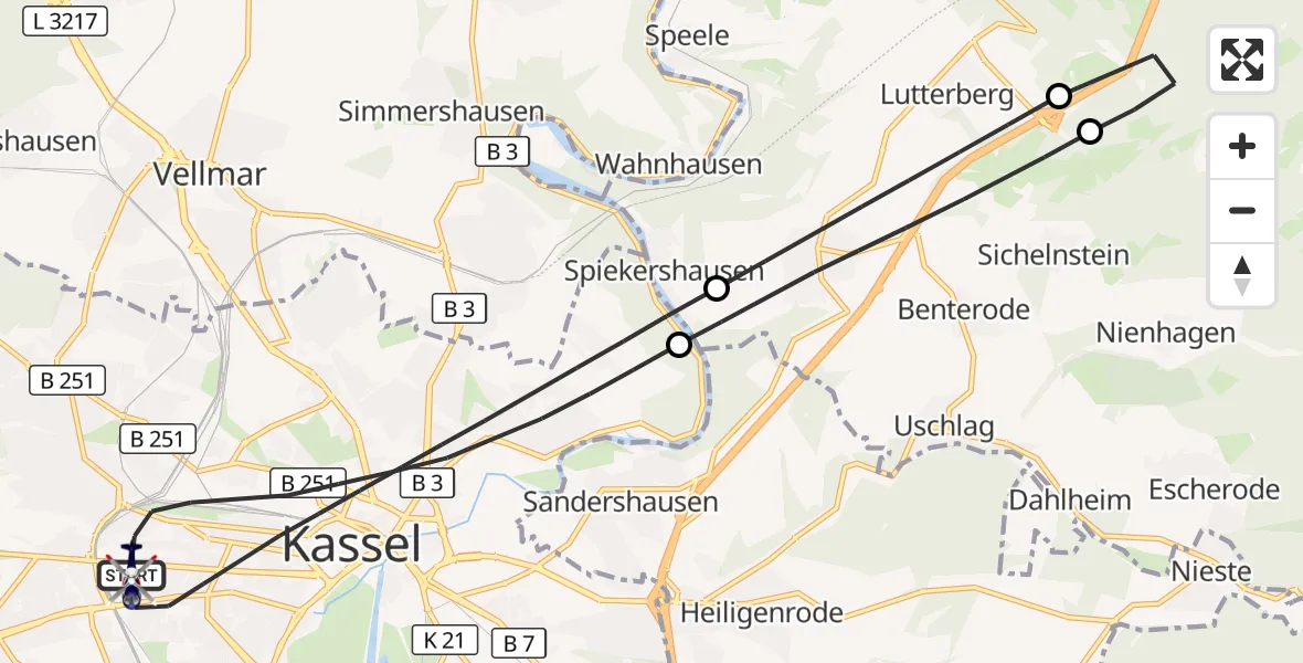 Flugroute Polizeihubschrauber Kassel - Kassel, 07 Oktober 2026, 13:27