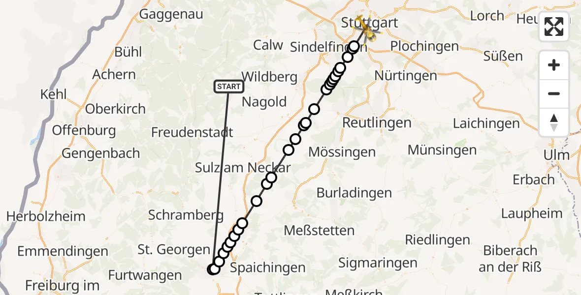 Flugroute Ambulanzhubschrauber Altensteig - Stuttgart, 07 Oktober 2026, 13:31