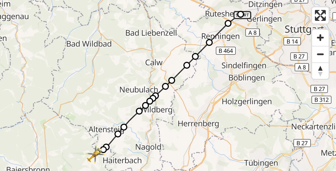 Flugroute Rettungshubschrauber Leonberg Hospital - Pfalzgrafenweiler, 07 Oktober 2026, 13:36