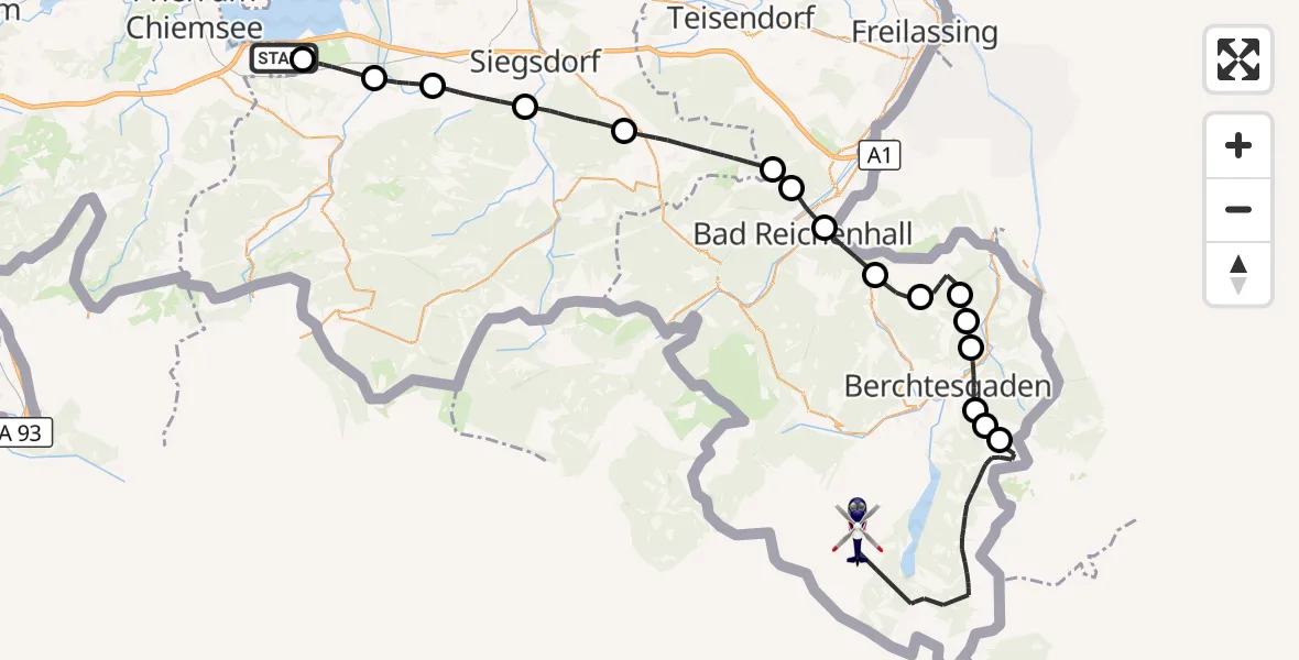 Flugroute Polizeihubschrauber Bernau a.Chiemsee - Schönau a.Königssee, 07 Oktober 2026, 13:36
