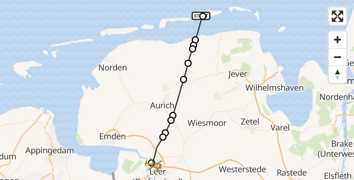Flugroute Ambulanzhubschrauber Spiekeroog Notfall-Hubschrauberlandeplatz - Leer (Ostfriesland), 07 Oktober 2026, 13:53