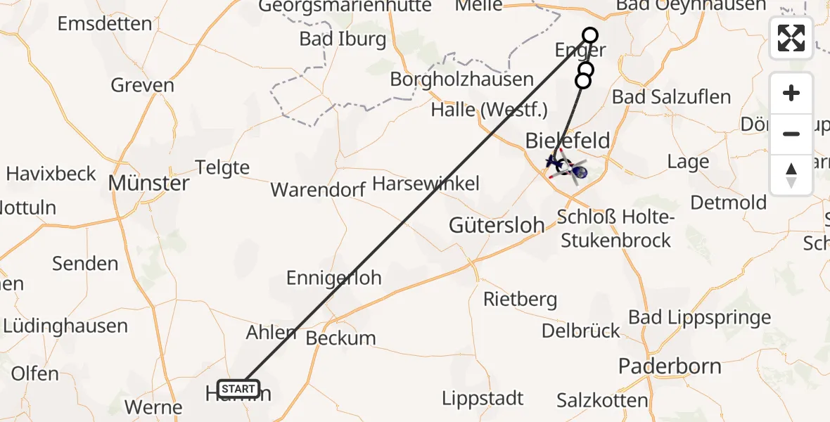 Flugroute Polizeihubschrauber Hamm-Lippewiesen Flugplatz - Luftrettungszentrum Bielefeld, 07 Oktober 2026, 13:55