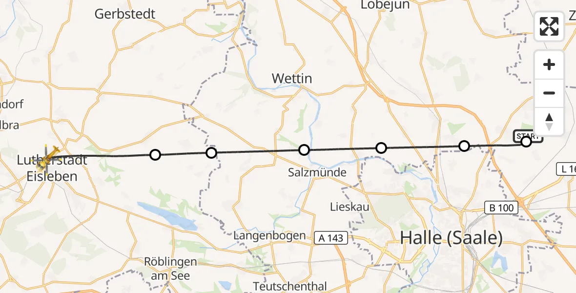 Flugroute Rettungshubschrauber Halle-Oppin Flugplatz - Helios Hospital Lutherstadt Eisleben, 07 Oktober 2026, 13:56