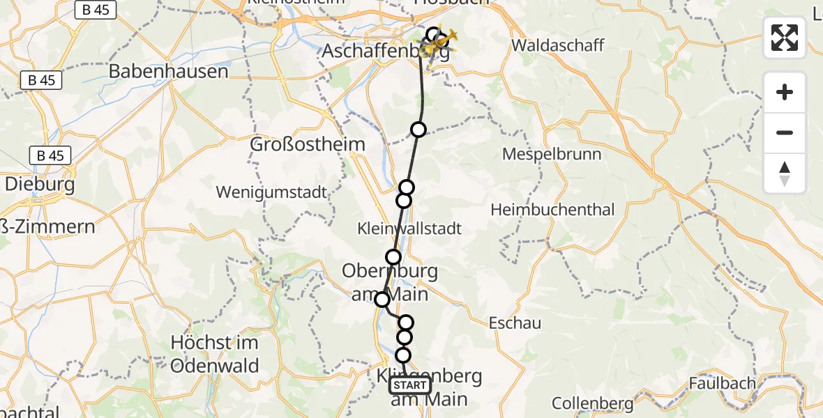 Flugroute Rettungshubschrauber Wörth a.Main - Aschaffenburg Hospital, 07 Oktober 2026, 14:14