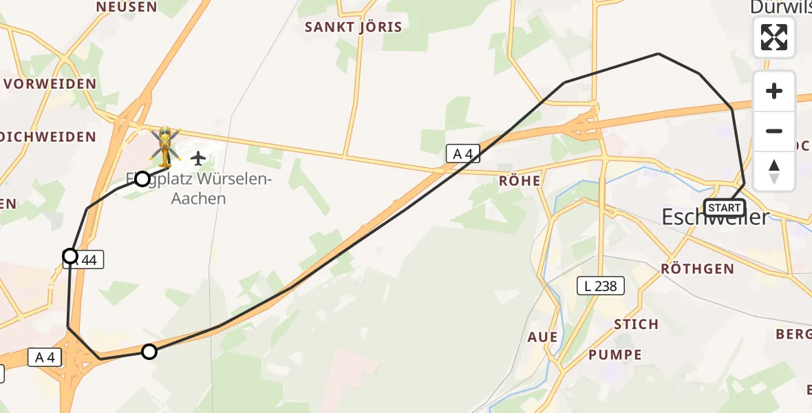 Flugroute Rettungshubschrauber Eschweiler - Aachen-Merzbrück Flughafen, 07 Oktober 2026, 14:20