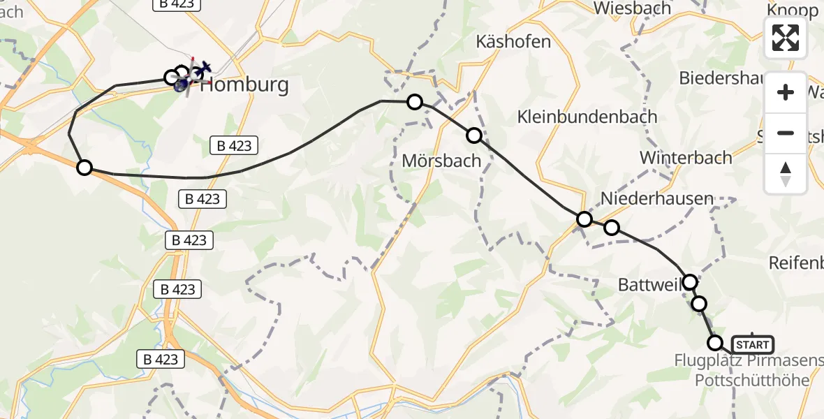 Flugroute Polizeihubschrauber Pirmasens-Pottschütthöhe Flugplatz - Homburg, 07 Oktober 2026, 14:21