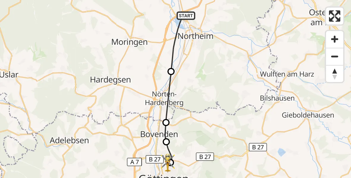 Flugroute Rettungshubschrauber Northeim - Göttingen University Clinic Hubschrauberlandeplatz, 07 Oktober 2026, 14:26