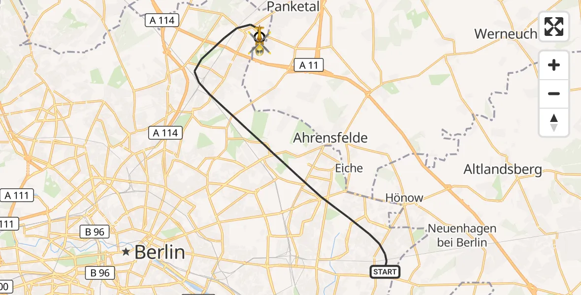 Flugroute Rettungshubschrauber Berlin - Helios Clinic Berlin-Buch, 07 Oktober 2026, 14:29