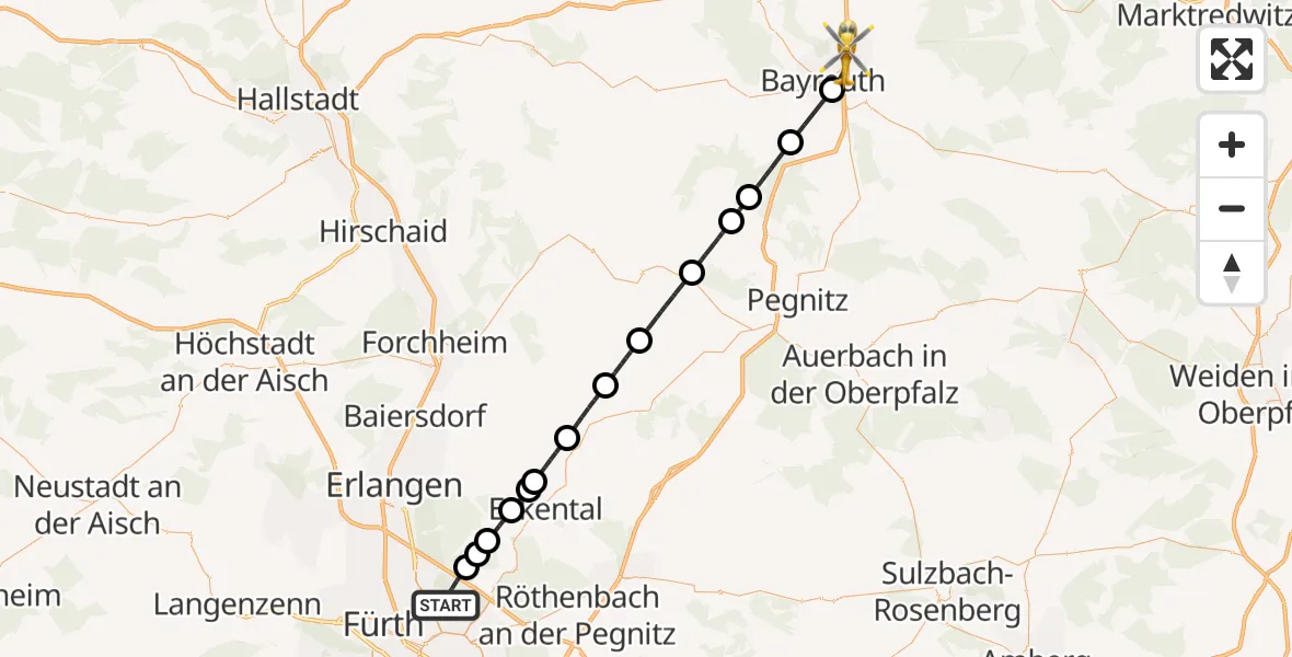 Flugroute Ambulanzhubschrauber Flughafen Nuremberg - Bayreuth, 07 Oktober 2026, 14:34