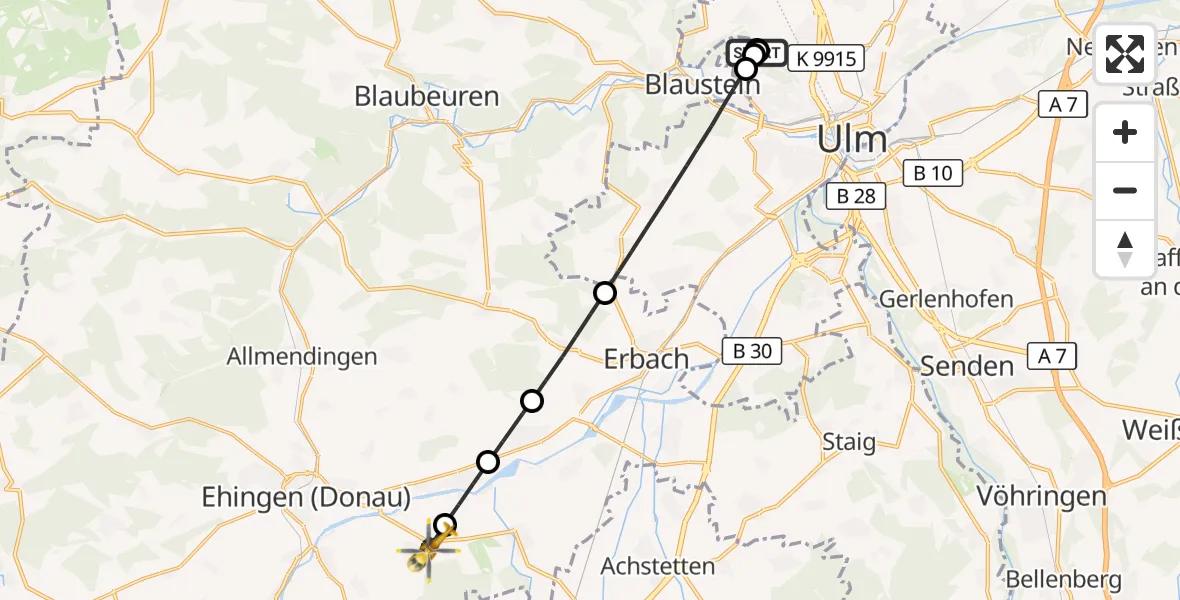 Flugroute Rettungshubschrauber Ulm Military Hospital Emergency - Griesingen, 07 Oktober 2026, 14:34
