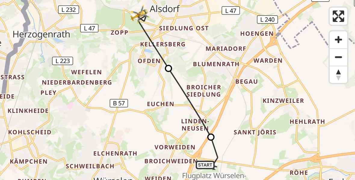 Flugroute Rettungshubschrauber Aachen-Merzbrück Flughafen - Alsdorf, 07 Oktober 2026, 14:48
