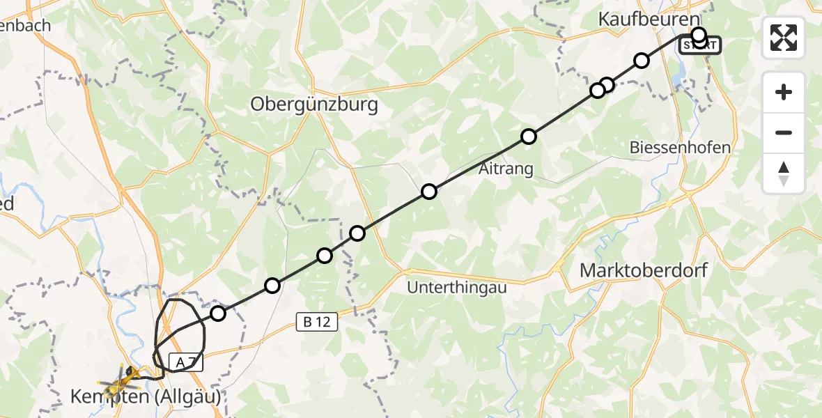 Flugroute Rettungshubschrauber Kaufbeuren - Kempten (Allgäu), 07 Oktober 2026, 14:49