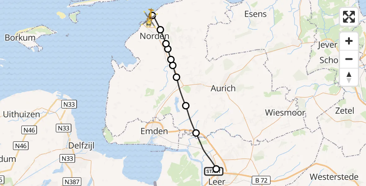 Flugroute Ambulanzhubschrauber Flugplatz Leer-Papenburg - Norden-Norddeich Flughafen, 07 Oktober 2026, 14:52