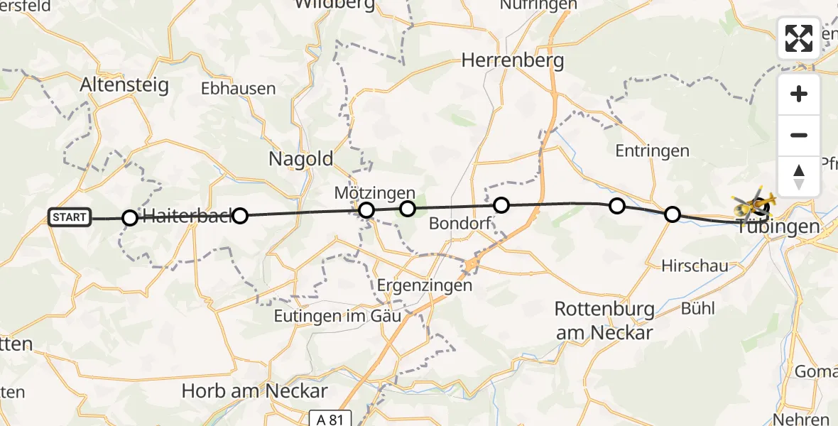 Flugroute Rettungshubschrauber Pfalzgrafenweiler - Tübingen University Hospital, 07 Oktober 2026, 14:57