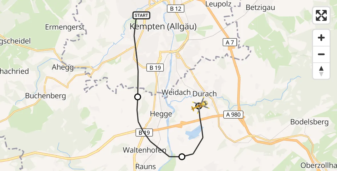 Flugroute Rettungshubschrauber Kempten (Allgäu) - Kempten-Durach Flugplatz, 07 Oktober 2026, 15:22