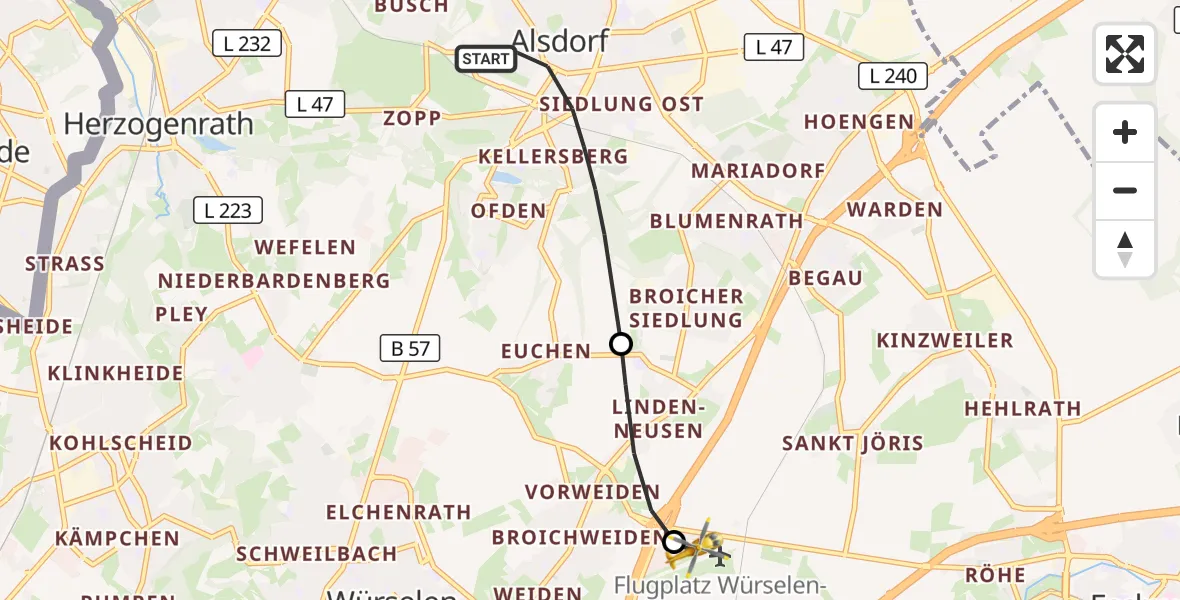 Flugroute Rettungshubschrauber Alsdorf - Aachen-Merzbrück Flughafen, 07 Oktober 2026, 15:23