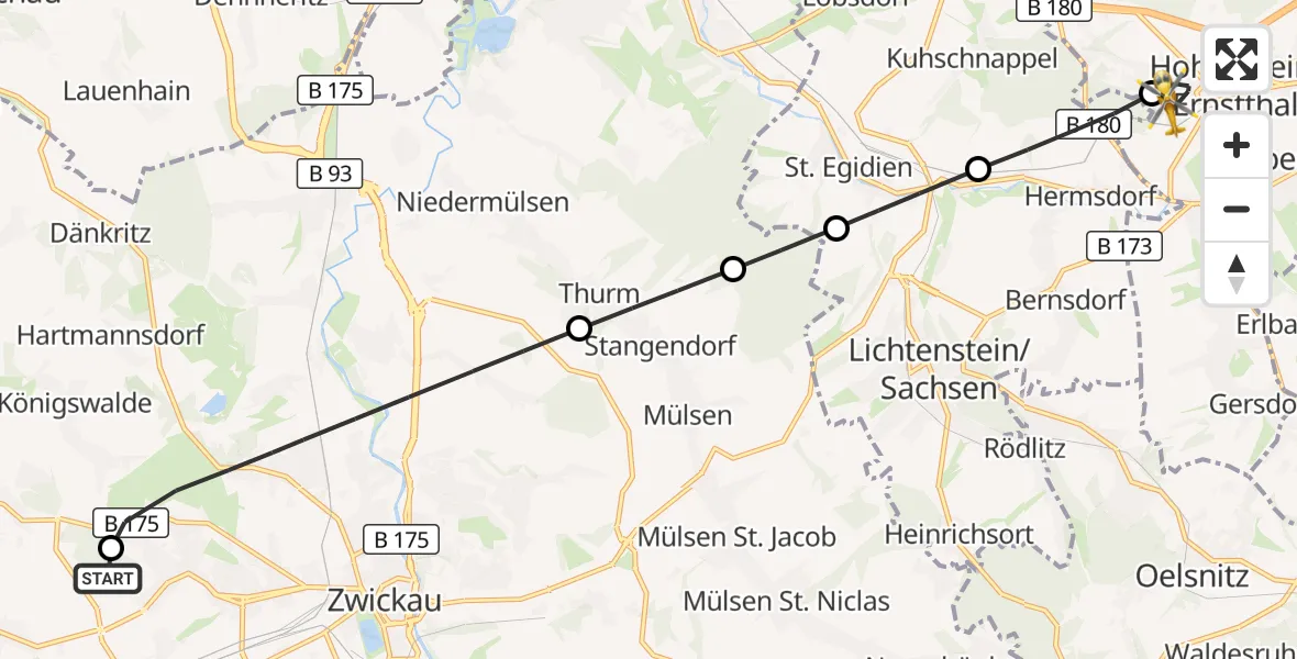Flugroute Rettungshubschrauber Werdau - Hohenstein-Ernstthal, 07 Oktober 2026, 15:24