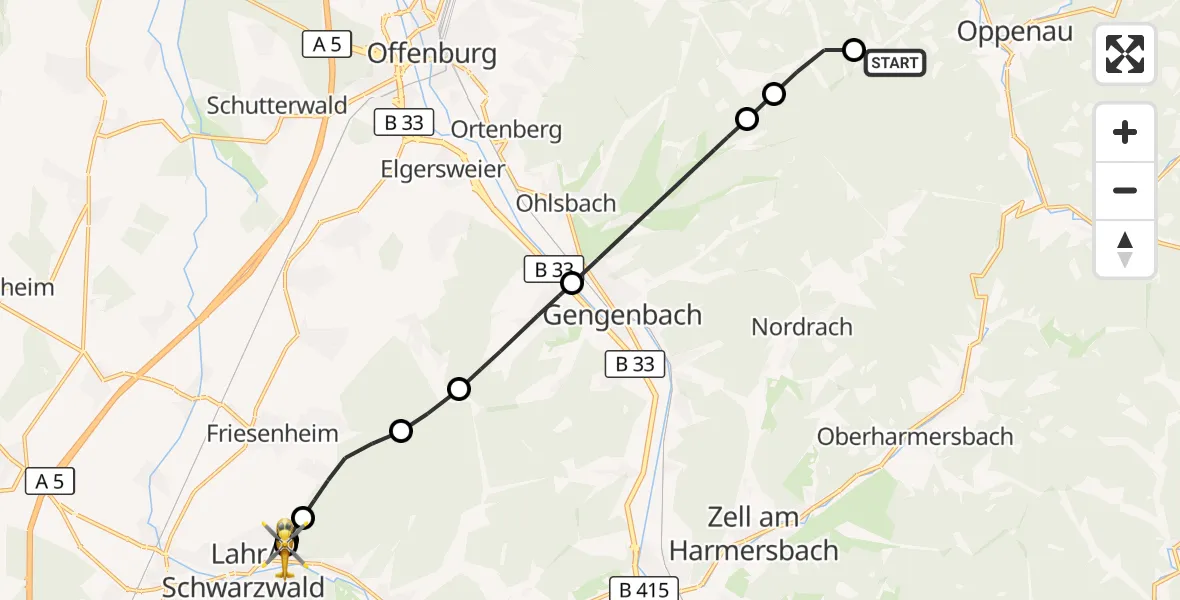 Flugroute Rettungshubschrauber Oppenau - Ortenau Hospital Lahr-Ettenheim, 07 Oktober 2026, 15:32