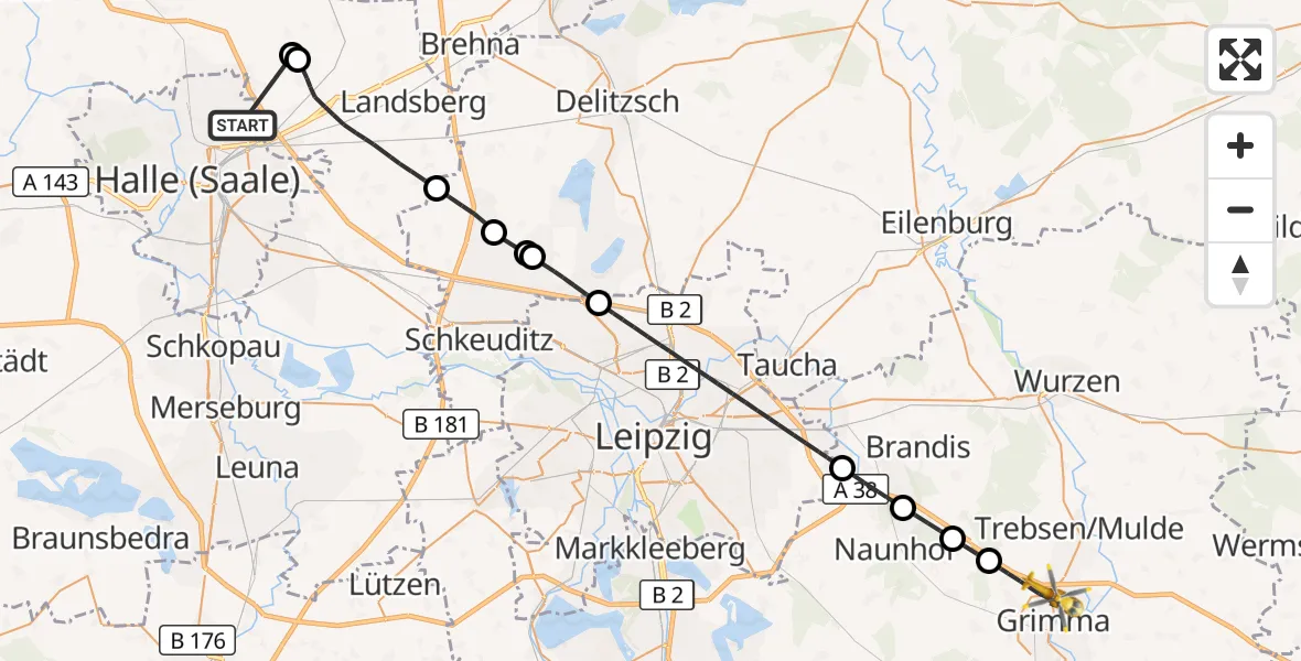 Flugroute Rettungshubschrauber Halle (Saale) - Grimma, 07 Oktober 2026, 15:32