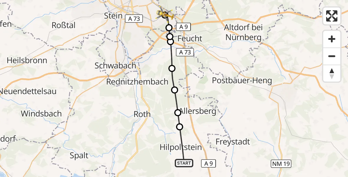 Flugroute Rettungshubschrauber Hilpoltstein - Nürnberg South Hospital Hubschrauberlandeplatz, 07 Oktober 2026, 15:42