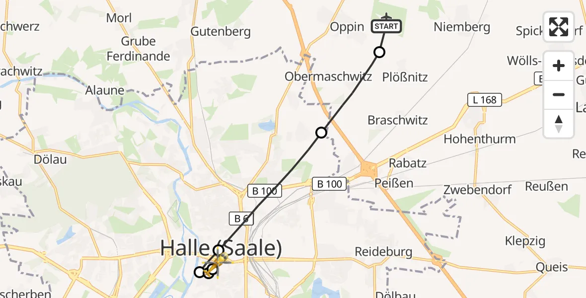 Flugroute Rettungshubschrauber Halle-Oppin Flugplatz - Sankt Elisabeth and Sankt Barbara Hospital Halle (Saale), 07 Oktober 2026, 15:51