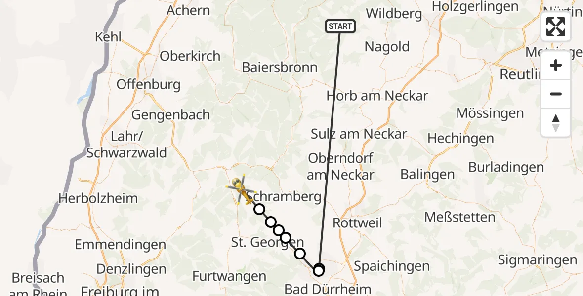 Flugroute Ambulanzhubschrauber Altensteig - Hornberg, 07 Oktober 2026, 15:52