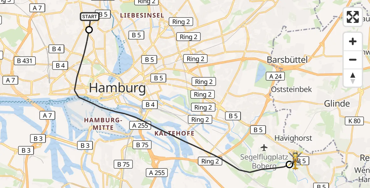 Flugroute Rettungshubschrauber Universitätsklinikum Hamburg-Eppendorf Hubschrauberlandeplatz - Christoph Hansa ADAC Hubschrauberlandeplatz, 07 Oktober 2026, 15:57